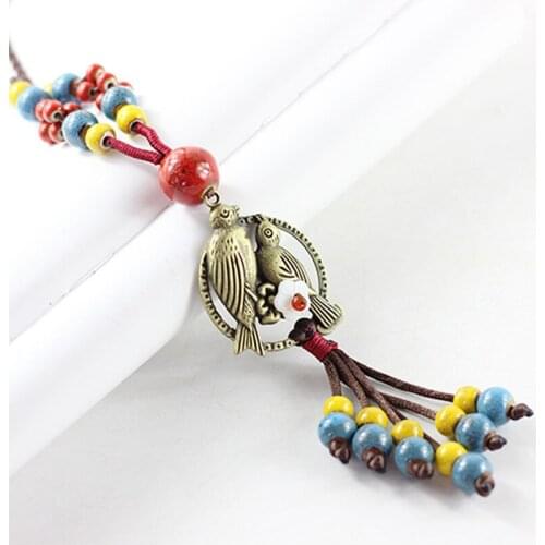 12 Pieces/Lot Flower Long Tassel Choker Women Fashion Jewelry Gold Color Double Bird Charm Statement Ceramic Necklace Jewelry