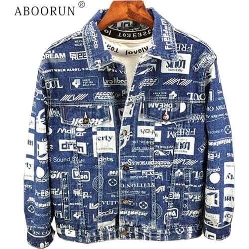 ABOORUN 2021 Mens Fashion Denim Jackets Letters Printed Jean Jackets Autumn Cotton Coat for Male