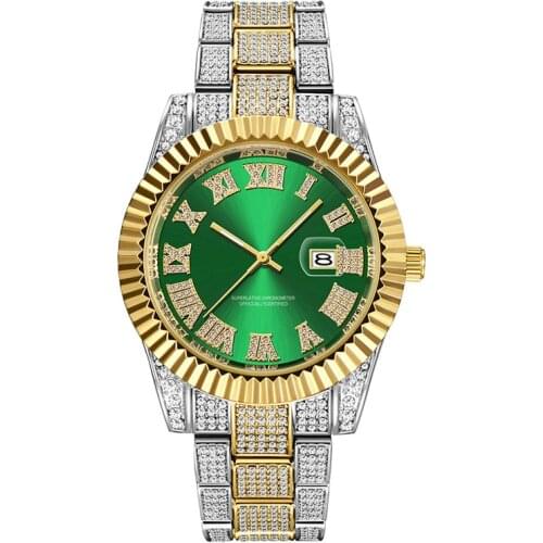 Hip Hop Men Luxury Brand Full Diamond Watches Fashion Alloy Band IP Plating Date Quartz Vintage Watch Montres de Marque de Luxe