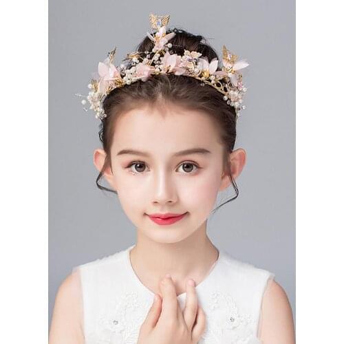 Kids Girls Alloy Faux Pearl Flower Butterfly Crown Tiara Headband Princess Party Birthday Headwear