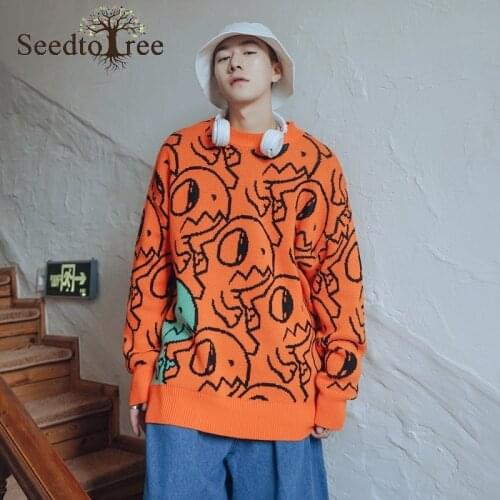 Mens Sweater Korean Ins Cartoons Printing Pattern Sweater Loose Lazy Round Neck Couple Outfit Pullover