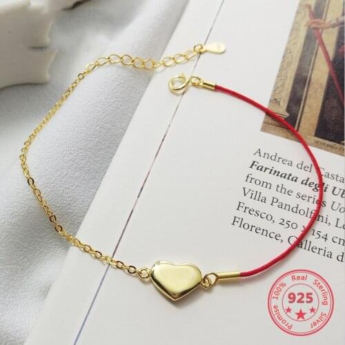 European American 925 Silver Trendy Concise Heart Gold Plate Red Rope Bracelets Fine Jewelry Valentines Gift for Girlfriend