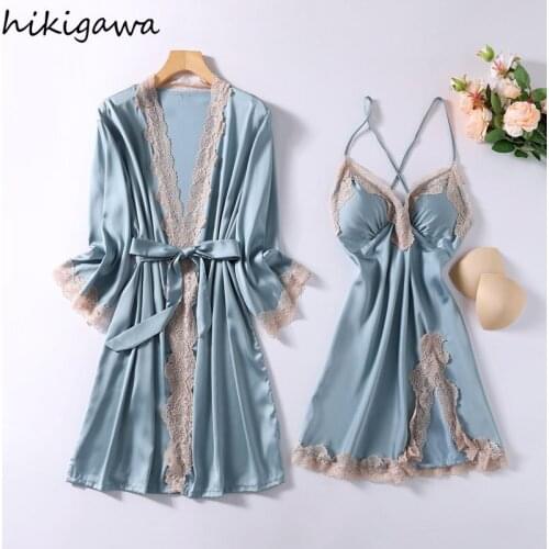 Hikigawa Spring and Summer Pajamas Womens Thin Sexy Lace Side Nightdress Split Backless Home Service Satin 2 Piece Sleepwear