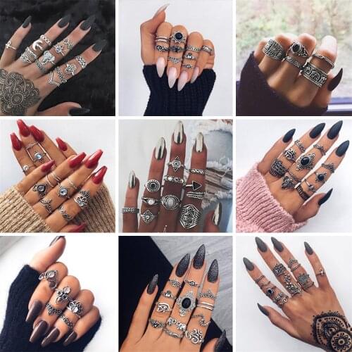 HuaTang Bohemian Antique Silver Color Crystal Knuckle Ring Set Geometric Elephant Flower Carving Midi Rings Anel Anillos Jewelry