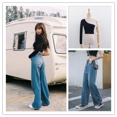 Kpop korean Celebrity Blue Vintage Wide-Leg Straight Jeans + Black Strapless Long Sleeve Sexy T shirts Tops Women Two-Piece Set