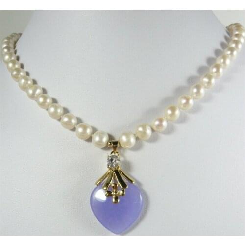 Fashion jewelry Beautiful Freshwater pearl and purple heart shape jade pendant Necklace good