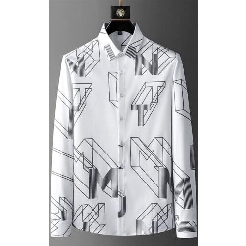 Geometric Letter Printing Mens Long-Sleeved Shirts Casual Formal Shirts Mens Social Business Tuxedo Shirts