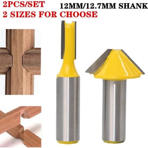 2pcs/set 12.7mm 1/2" Shank 1/4" Flat V-Groove Router Bit Sets C3 Carbide Tipped 1/4" Diameter 3/4" Cutting Length Straight Bit