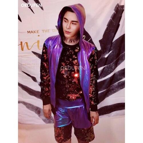 2018 New Men Cool Fashion Blue Purple Sequins Hip Hop Baseball Costume Set Bar Nightclub Male singer DJ DS stage wear