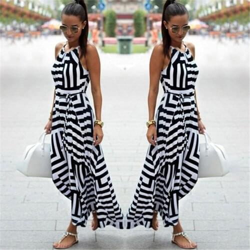 Women Sexy Summer Dress Boho Striped Sleeveless Maxi Long Dress Beach Style Strap Sundress Vestidos for Female