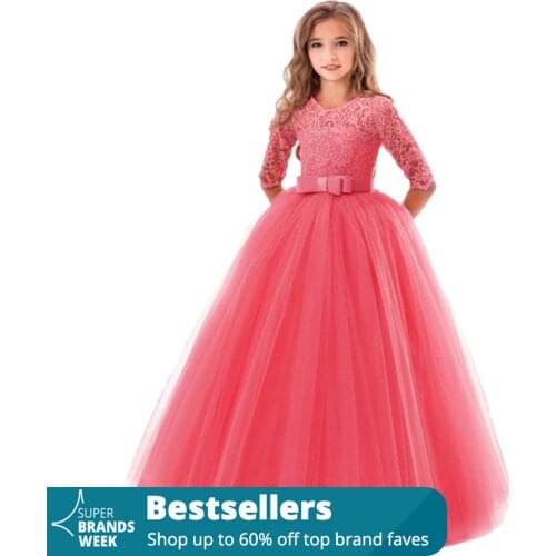 Girls Dresses For Party And Wedding Vintage Flower Lace 3/4 Sleeves Formal Wedding Party Dance Dress Kids Dresses For Girls