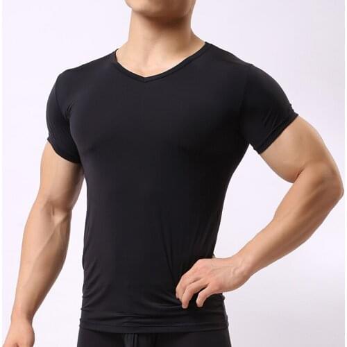 Sexy Ultra-thin Sheer Man Fitness Polyester Undershirts Gay Ice Silk V-neck Transparent Shirts Sexy New Fashion