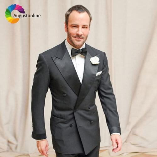 Grey Classic Men Suits Black Wide Peaked Lapel Tailored Double Breasted Elegent Male Blazer Groom Tuxedo 2Piece Costume Homme