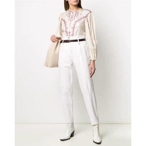 2020 New Cream Grey Boho Embroidery Silk Blouse O Neck puff Shoulders Long Sleeves Fashion tops