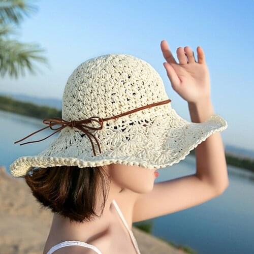 Summer Women Straw Beach Hat Large Brim Foldable Sun Hats Handmade Crochet Sun Protection Hat Female