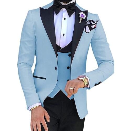 Spring Fashion Custom Sky Blue Leisure Business Mens Slim Suit Groom Wedding Dress Tuxedo Banquet Sets (Jacket + Vest + Pants)