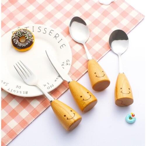 Smile Face Stainless Steel Forks Spoons Dessert Cake Fruit Salad Forks Milk Coffee Stirring Spoons Wood Handle Tableware Spoons