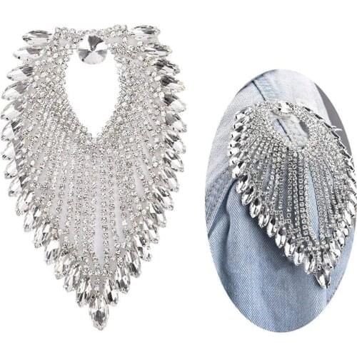 High Quality Sew On Epaulette Shoulder Tassel Applique Clear Crystal AB Rhinestone Applique Wedding Dress Decoration