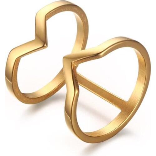 Women Double Chevron Rings Gold color Stainless Steel Femme Daily Street Jewelry