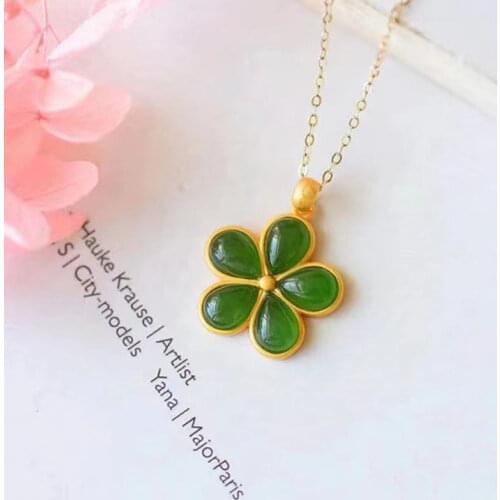 Natural Hetian Jade Clover Pendant Female S925 Sterling Silver Gilding Fresh Mori Girl Series for Girlfriend Girlfriends Jewelry