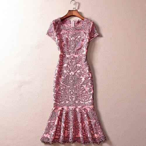 5XL Dress Vestidos De Festa 2021 Summer Women O-Neck Allover Appliques Embroidery Short Sleeve Midi Bodycon Party Mermaid Dress