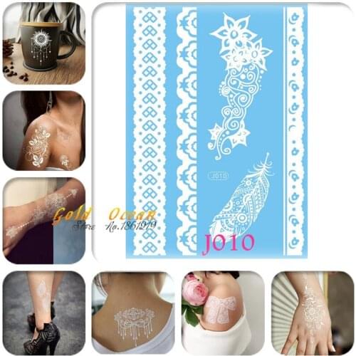 1PC White Metallic Temporary Tattoo Stickers Henna Paste GJ010 Large Lace Bracelet Jewel Pattern Peacock Feather Tattoo Wedding