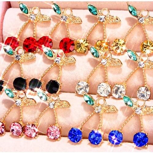 10Pcs Shiny Colorful Crystal Cherry Charms For Jewelry Making Golden Metal Fruit Earring Charm DIY Fashion Earrings Accessories