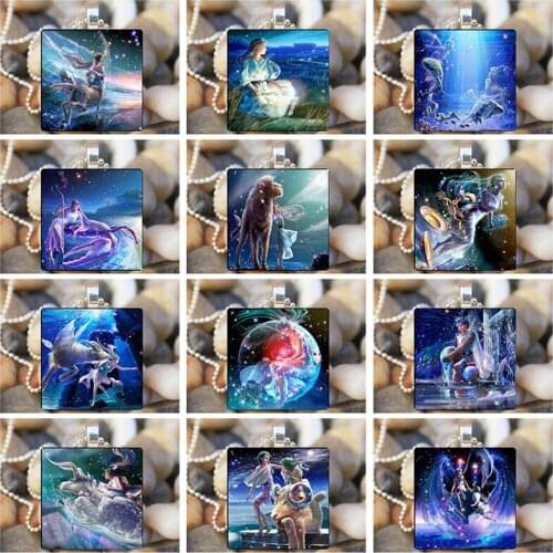 12 Constellation Necklace Zodiac Signs Cabochon Glass Crescent Moon Pendant Clavicle chain Necklace Birthday Gifts for Women