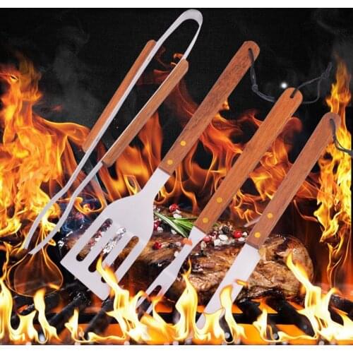 4pc/set BBQ Tool Barbecue Shovel Clip Barbecue Fork Knife Outdoor Camping BBQ Accessories Stainless Grill With Wooden Handle