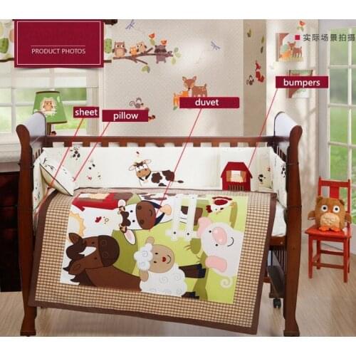 7PCS embroidery bedding set cotton curtain crib bumper baby cot sets baby bed bumper kit de berço (4bumper+duvet+sheet+pillow)