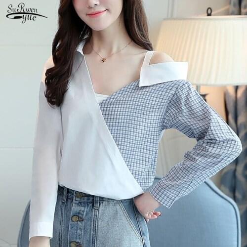 Blusas 2021 V-neck Sexy Women Tops and Blouse Summer Long Sleeve Women Shirt Casual Fashion Plaid Elegant Womens Clothing D832