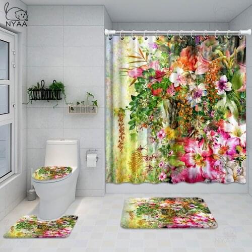 Big Flower Shower Curtain Mat Set with Carpet Bath Screen for Home Hotel Bathtub Partition Mold Proof Durable Curtains Hooks