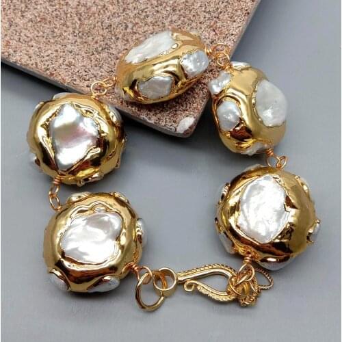 YYGEM 25x28mm natural Cultured White Keshi Freshwater Pearl Electroplated Gold color plated wrap Bracelet 8.5"
