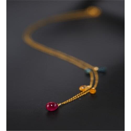 DAIMI Gypsophila Ruby Faceted Sapphire Necklace Female Gemstones Genuine Yellow 18K Gold Water Drop Pendant