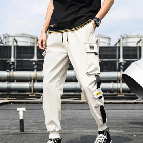 Men Multiple Pockets Elastic Waist Cargo Pants Drawstring Loose Male Solid Color Hip Hop Style Trousers for Outdoor