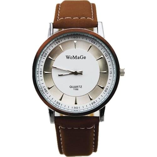 Womage brand new design round simple dial vintage brown leather strap women men quartz watch unisex business dress wristwatches