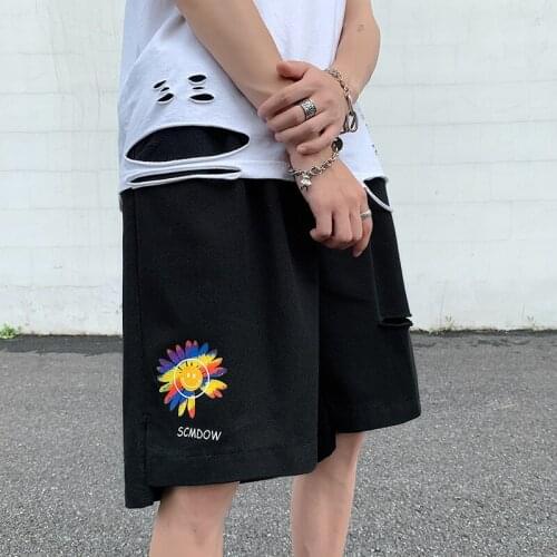 2021 Summer Mens Popular Logo Loose Straight Jean Shorts Mens Trousers Wide Leg Korean Trend INS Holes Jean Shorts