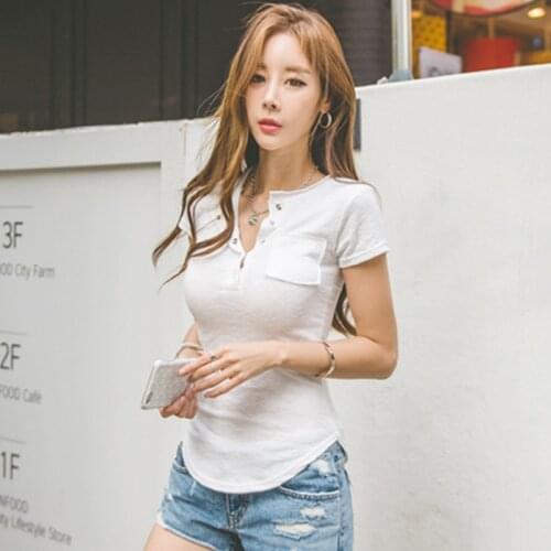 Shintimes Korean T Shirt Femme 2018 Summer T-Shirt Women Sexy Cotton Short Sleeve Button Pockets Tshirt Casual Camiseta Mujer