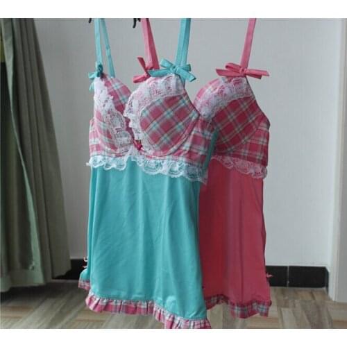 Young Girls Plaid Cotton Nightgown French Boutique Sweet Lace Cup Bra Sleepwear Pink Green Sexy Lace night skirt
