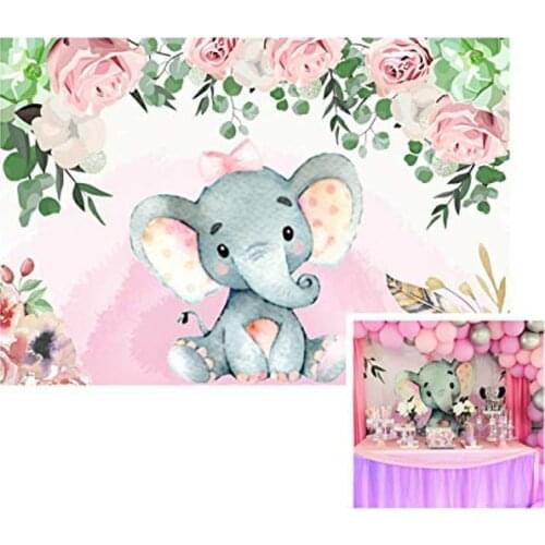 HUAYI Cute Elephant Backdrop For girl/boy Baby Shower pink/blue Floral Petal Dessert Table Decor Background Photoshoot Photocall