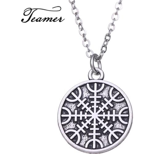 Teamer Round Vintage Necklace Aegishjalmur Helm of Awe Pendant Necklace Silver Color Viking Jewelry Accessories Gifts AH111345