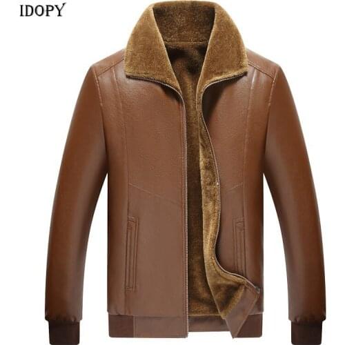 Idopy Men`s Winter Faux Leather Jacket Fleece Lined Plus Size M-5XL Warm Thicken Business Casual PU Jacket and Coat For Male