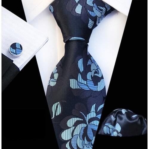 3 Pcs/Set 3.15" Mens Formal Ties Set Fashion Groom Cravat Tie with Embroidered Peony Cufflink Pocket Square