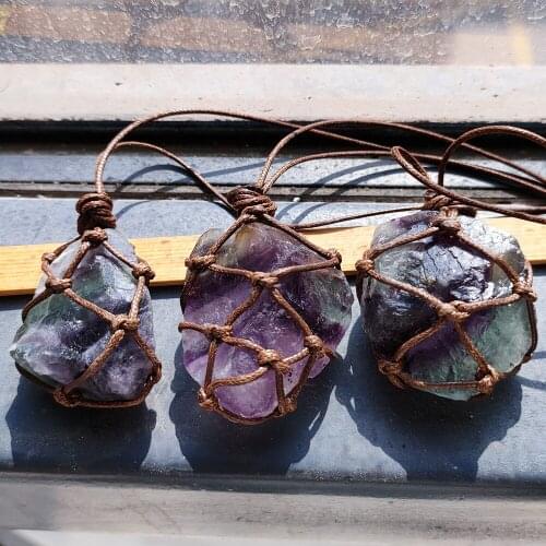 6pcs Irregular Shape Purple Green Fluorite Pendant Necklace Hand Winding Jewelry Necklaces Energy Healing Meditation Pendulum