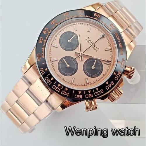 Parnis 39mm Quartz Chronograph Watch Men Top Brand Luxury Business Waterproof Rose gold case Sapphire Crystal Man Wrist Watch