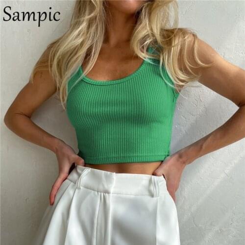 Sampic Casual Green Knitted Summer T Shirt Tops Skinny Basic Mini Strap Crop Tops 2021 Fashion Y2K Streetwear Club Sexy Tank Top