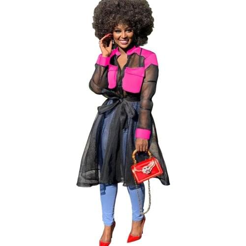 Sexy Mesh Sheer Night Club Shirt Dress Women Long Sleeve Knee-length Ruffles A-line Dress Pockets Patchwork Elegant Party Dress