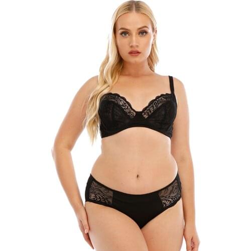 Sexy Bra and Panty Set Black Thin Cup Mesh Lace Tow Hook and Eye Bra Sets Underwear for Women Plus Size Female Lingerie