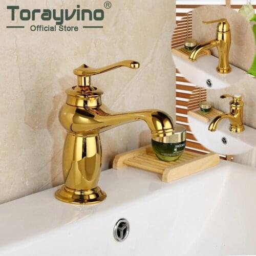 Torayvino Gold Plated Bathroom Faucet Golden Polished Stream Spout Basin Faucet Solid Brass Sink Faucet Deck Mount Water Mixer
