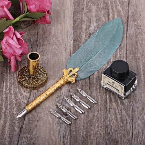 Vintage Feather Quill Dip Pen Fountain Pens With Ink +5 Nibs Set Stationery Gift 32CB